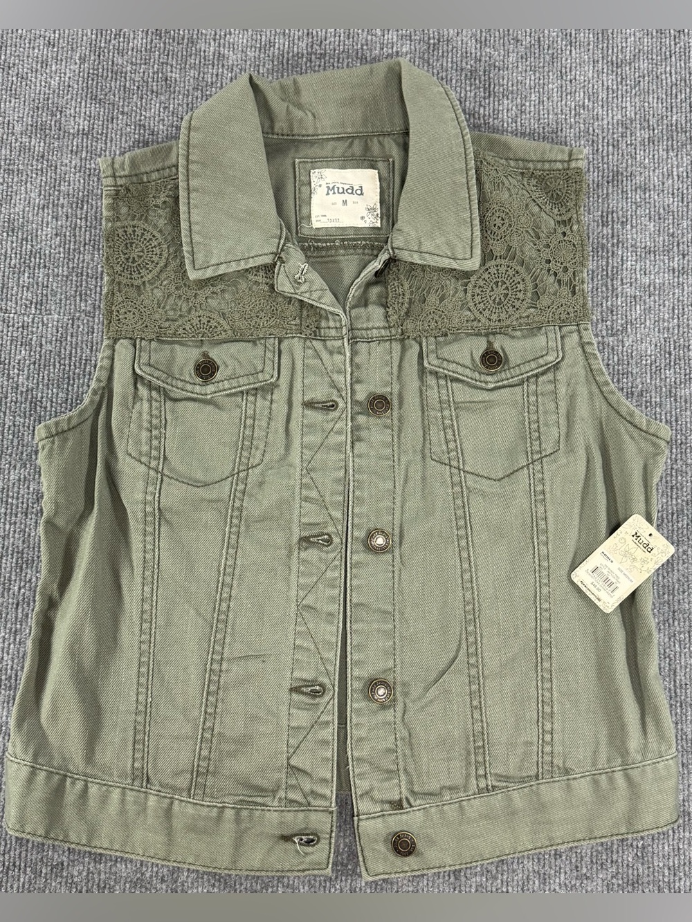Mudd Olive Green Denim Vest M Lace Yoke Cottagecore Crochet Boho Whimsygoth Jean